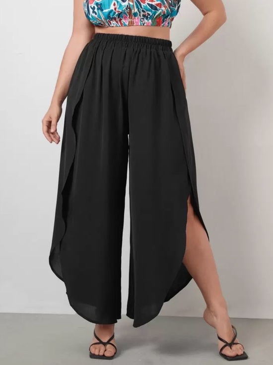 unbranded Pants - Elastic-Waist Black Split Wide-Leg Pants